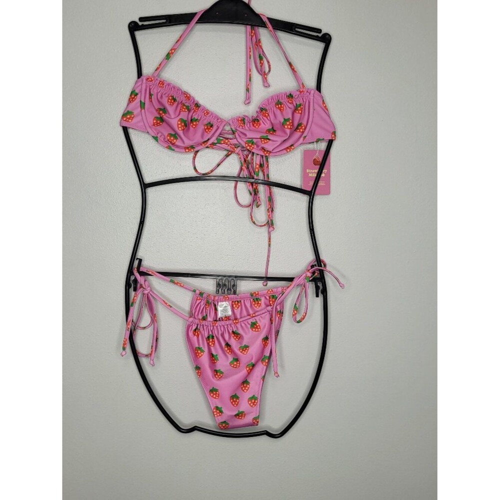 Strawberry Milk Mob pink all over print cute girlie strappy bikini size L NWT